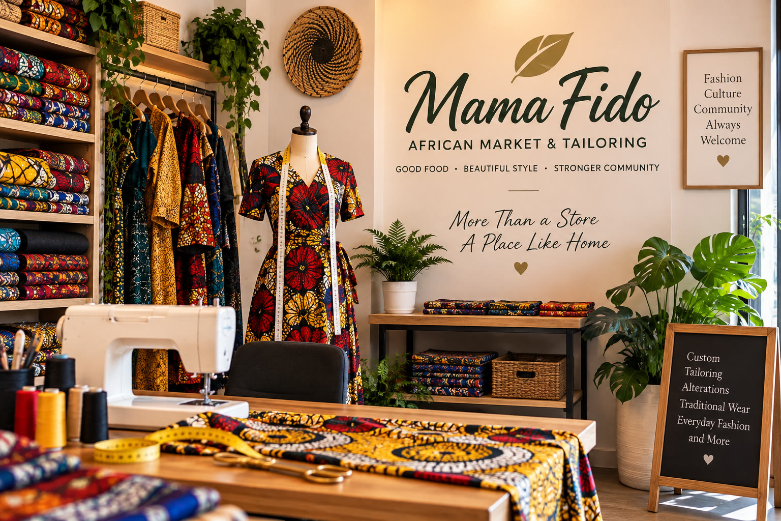 Mama Fido tailoring studio with African fabrics, sewing machine and finished clothing